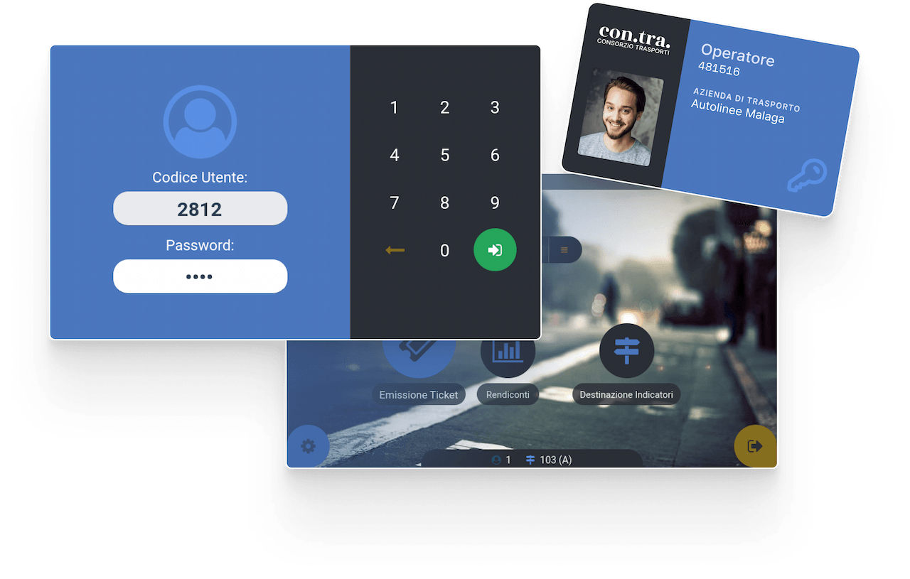 Immagine della schermata principale, schermata di login e una tessera autista
